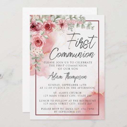 Blush Roos Bloemen Waterverf Eerste Communie Kaart (Voorkant / Achterkant)