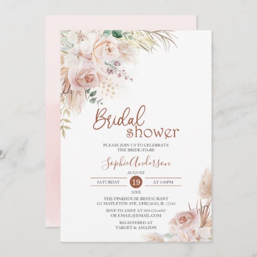 Blush Roos Boho Pampas Grass Vrijgezellenfeest Inv Kaart (Voorkant / Achterkant)