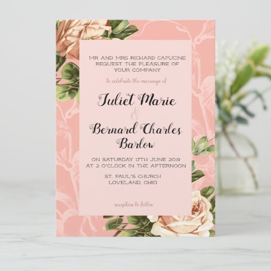 Blush  Roos bruiloft Kaart (Staand voorkant)