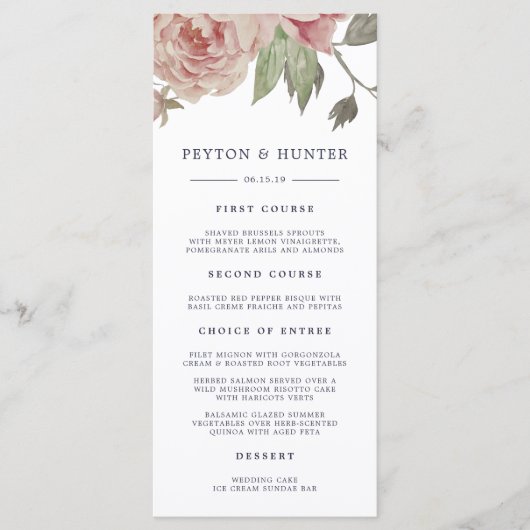 Blush Roos Bruiloft Menu Kaart (Voorkant)