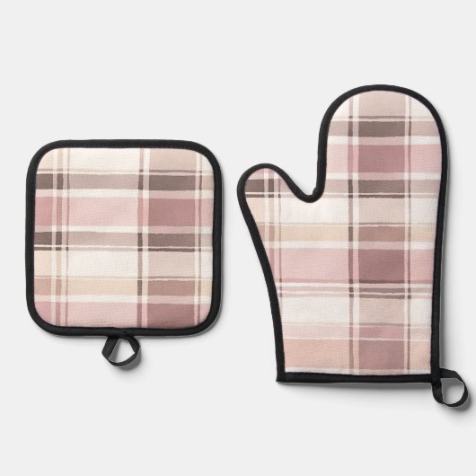 Blush Roos Cream Brown Stripes Vrijgezellenfeest Ovenwant & Pannenlap Set (Voorkant)