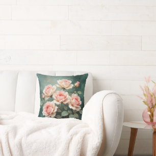 Blush Roos Elegantie op Diep Jade Kussen