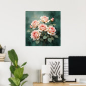 Blush Roos Elegantie op Diep Jade Poster (Thuiskantoor)