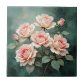 Blush Roos Elegantie op Diepe Jade Tegeltje (Voorkant)