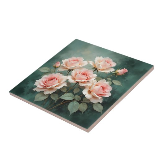 Blush Roos Elegantie op Diepe Jade Tegeltje (Zijkant)