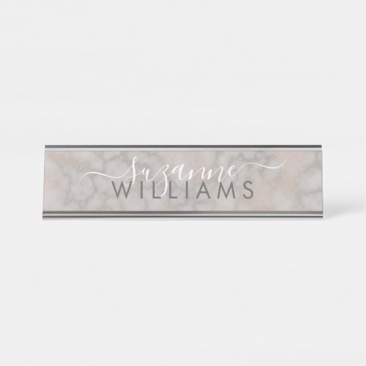 Blush Roos en grijze gemarmerde elegantie Bureau Naambordje (Voorkant)