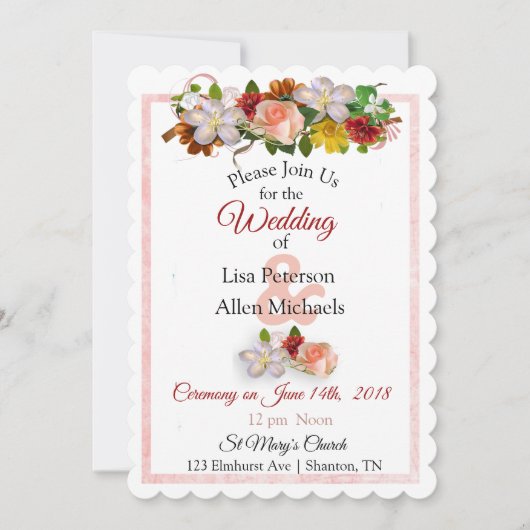 Blush Roos en Maroon Floral Wedding Invitation Kaart (Voorkant)