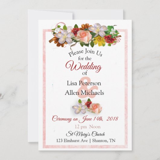 Blush Roos en Maroon Floral Wedding Invitation Kaart (Voorkant)