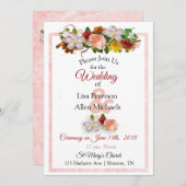 Blush Roos en Maroon Floral Wedding Invitation Kaart (Voorkant / Achterkant)
