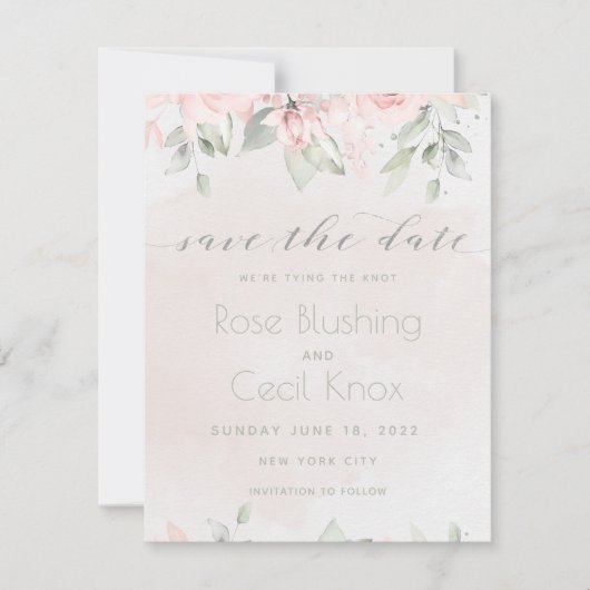 Blush Roos Eucalyptus Greenery Save the Date Kaart (Voorkant)