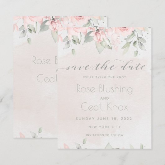 Blush Roos Eucalyptus Greenery Save the Date Kaart (Voorkant / Achterkant)