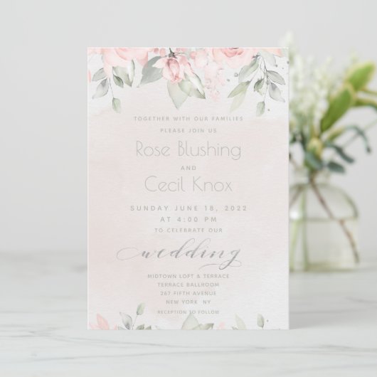 Blush Roos Eucalyptus Greenery Wedding Kaart (Staand voorkant)
