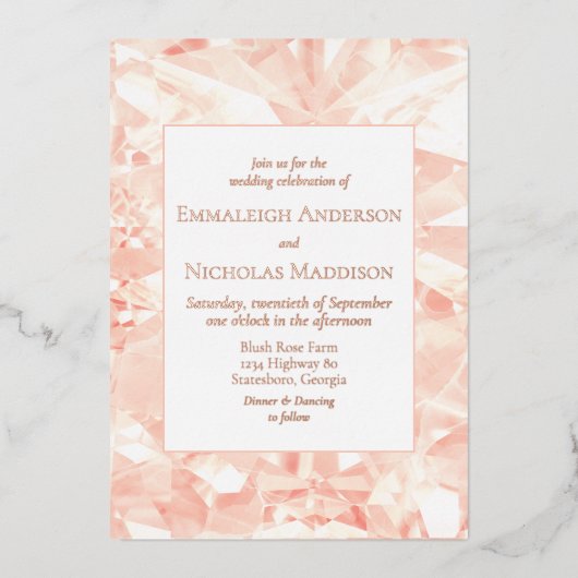 Blush Roos Faux Gemstone Wedding Folie Folie Uitnodiging (Voorkant)