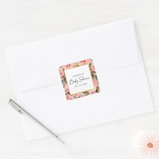 Blush Roos Floral Baby shower Vierkante Sticker (Envelop)
