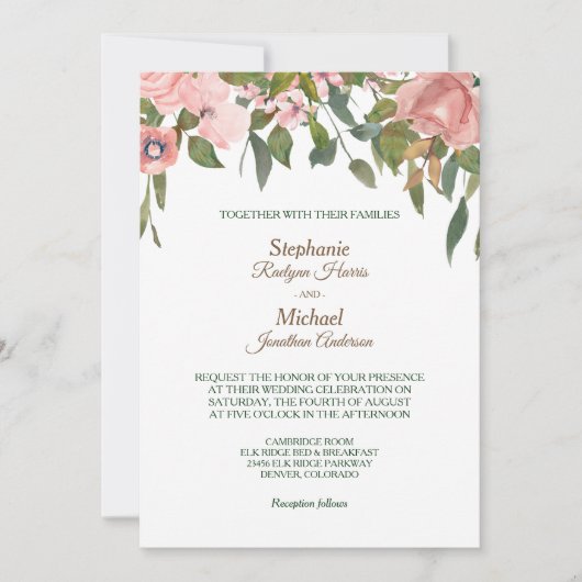 Blush Roos Floral Border Wedding Kaart (Voorkant)