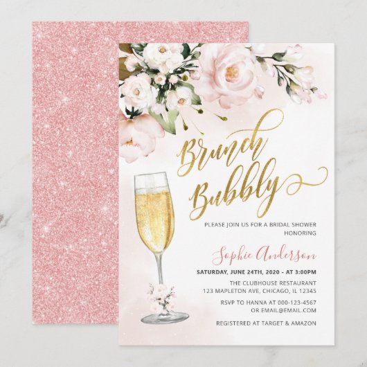 Blush Roos Floral Glitter Gold Brunch en brabbel Kaart (Voorkant / Achterkant)