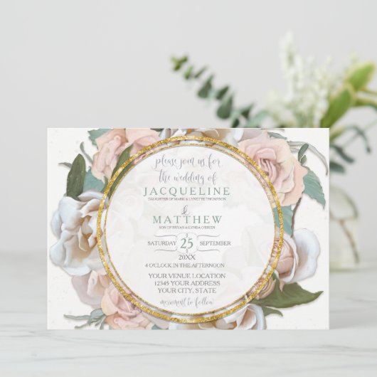 Blush Roos Floral Gold Modern Script Handwriting Kaart (Staand voorkant)