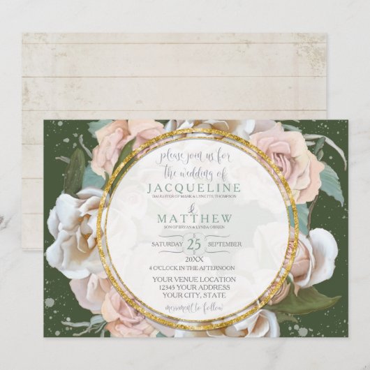 Blush Roos Floral Gold Moss Green Foliage Elegant Kaart (Voorkant / Achterkant)