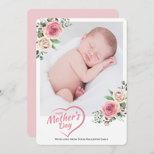 Blush Roos Floral Happy Moederdag 1 foto Feestdagenkaart (Voorkant / Achterkant)