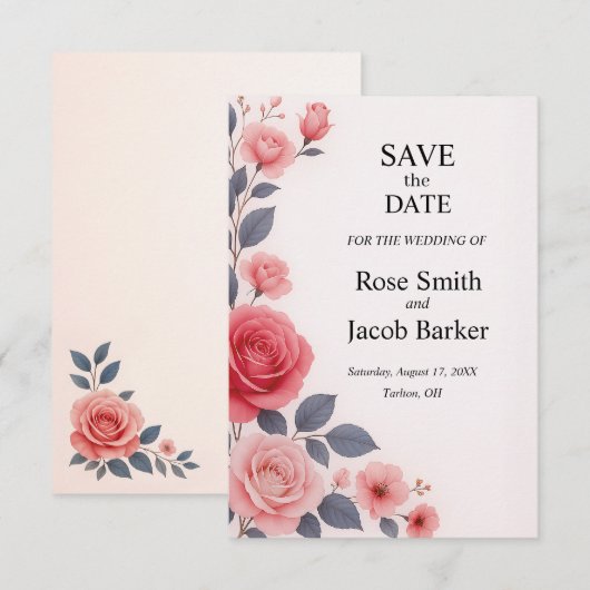 Blush Roos Floral Wedding Save the Date Kaart (Voorkant / Achterkant)