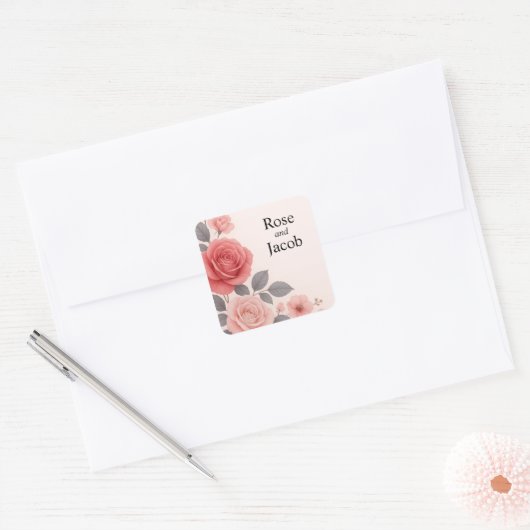 Blush Roos Floral Wedding Vierkante Sticker (Envelop)