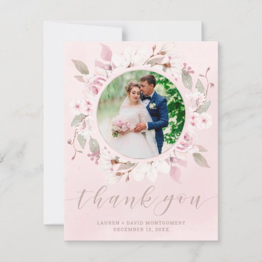 Blush Roos Floral Wreath Weddenschap Foto bedankt (Voorkant)