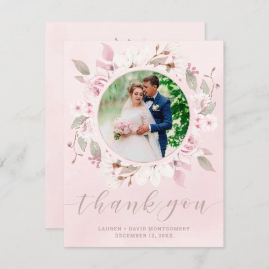 Blush Roos Floral Wreath Weddenschap Foto bedankt (Voorkant / Achterkant)