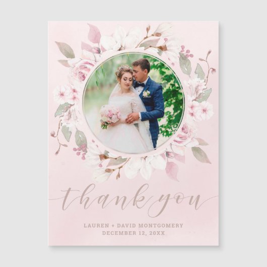 Blush Roos Floral Wreath Weddenschap Foto bedankt (Voorkant)