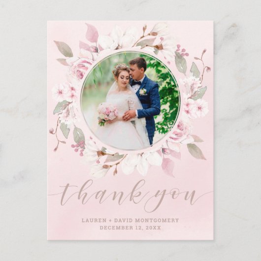 Blush Roos Floral Wreath Weddenschap Foto bedankt Briefkaart (Voorkant)