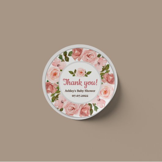 Blush Roos Flower Waterverf Baby shower Ronde Sticker
