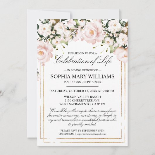 Blush Roos Flowers begrafenisviering van het leven Kaart (Voorkant)