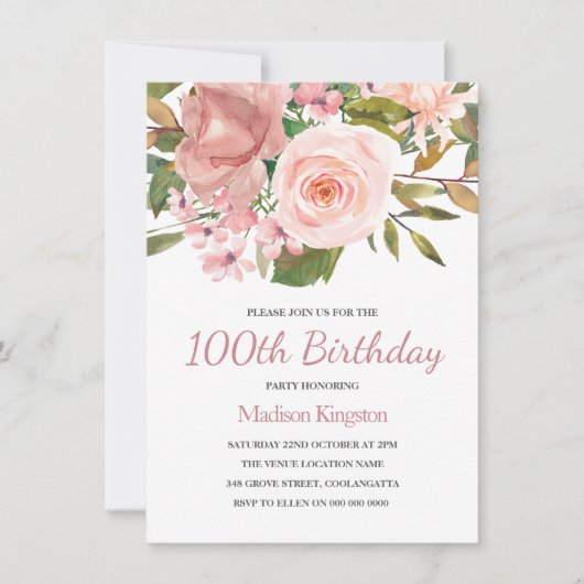 Blush & Roos Gold 100th Birthday Party Invite Kaart (Voorkant)