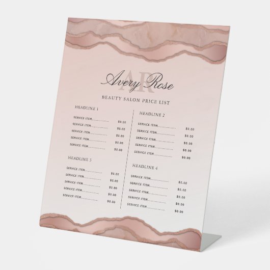 Blush Roos Gold Agate Schoonheidssalon prijslijst Reclamebord Met Voetstuk (Voorkant)