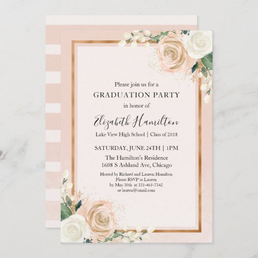 Blush & Roos Gold Chic Bloemen Afstudeerfeest Kaart (Voorkant / Achterkant)