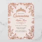 Blush Roos Gold Crown Floral Quinceanera Folie Uitnodiging (Voorkant)