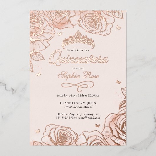 Blush Roos Gold Crown Rozen Theme Quinceanera Folie Uitnodiging (Voorkant)