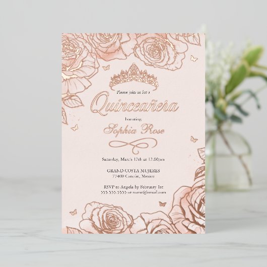 Blush Roos Gold Crown Rozen Theme Quinceanera Folie Uitnodiging (Staand Voorkant)
