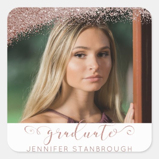 Blush & Roos Gold Elegant Script Afstuderen Foto Vierkante Sticker (Voorkant)