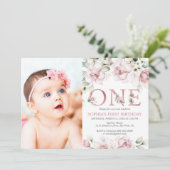 Blush & Roos Gold Floral Baby 1e verjaardag Kaart (Staand voorkant)