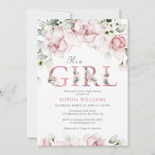 Blush & Roos Gold Floral Baby shower Kaart (Voorkant)