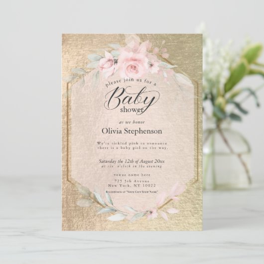 Blush Roos Gold Floral Baby shower Kaart (Staand voorkant)