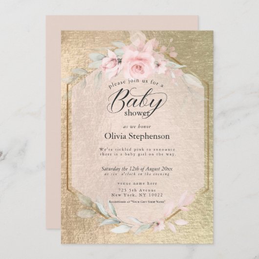 Blush Roos Gold Floral Baby shower Kaart (Voorkant / Achterkant)