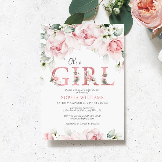 Blush & Roos Gold Floral Baby shower Kaart