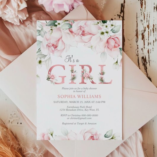 Blush & Roos Gold Floral Baby shower Kaart