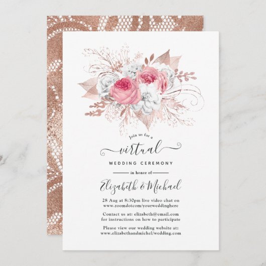 Blush & Roos Gold Floral en Lace Virtual Wedding Kaart (Voorkant / Achterkant)