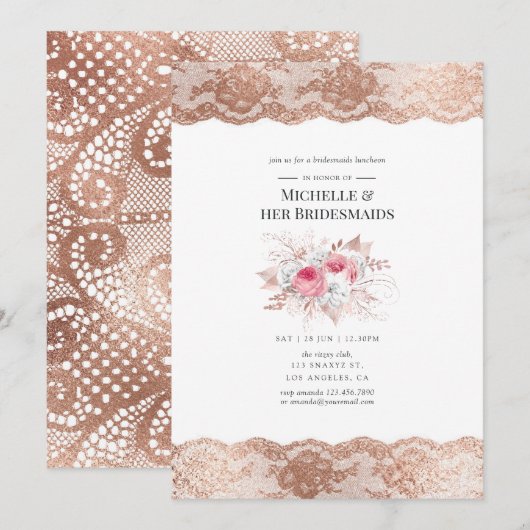 Blush & Roos Gold Floral & Lace Bridesmaid's Lunch Kaart (Voorkant / Achterkant)