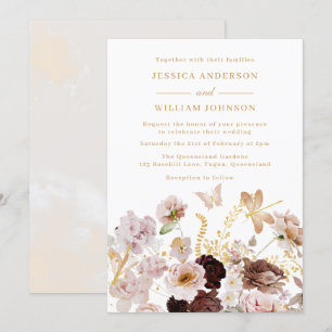 Blush & Roos Gold Floral Peony Butterflies Weddens Kaart