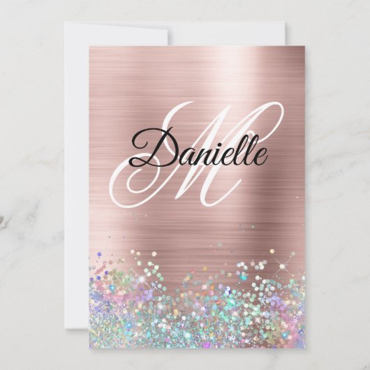 Blush Roos Gold Foil Holo Glitter Fancy Monogram Kaart (Achterkant)