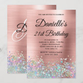 Blush Roos Gold Foil Holo Glitter Fancy Monogram Kaart (Voorkant / Achterkant)