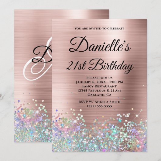 Blush Roos Gold Foil Holo Glitter Fancy Monogram Kaart (Voorkant / Achterkant)